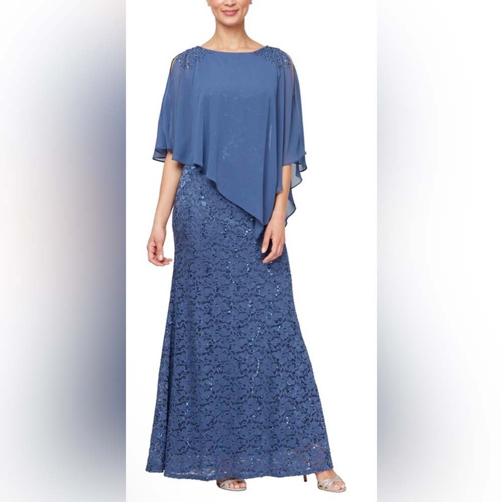 Sl Fashions Popover Dress With Beaded Shoulder Detail & Asymmetric Overlay Sz 6